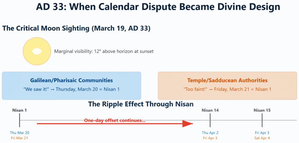 The diagram shows:
The Critical Moon Sighting - How the marginal visibility on March 19 led to different conclusions
The Two Communities' Decisions - Galilean acceptance vs Temple rejection of the sighting
The Ripple Effect - How the one-day offset continues throughout the month
The Crucial Friday - How April 3, AD 33 is simultaneously:
Nisan 15 for Galilean reckoning (Synoptics: crucifixion after Passover)
Nisan 14 for Temple reckoning (John: crucifixion during lamb sacrifice)
This visual makes clear that both Gospel accounts are literally accurate within their respective calendar systems - the apparent contradiction dissolves into complementary testimony. The human disagreement over moon sighting became the divine mechanism for revealing Christ as both the host of the Passover meal (Synoptics) and the Passover Lamb (John).