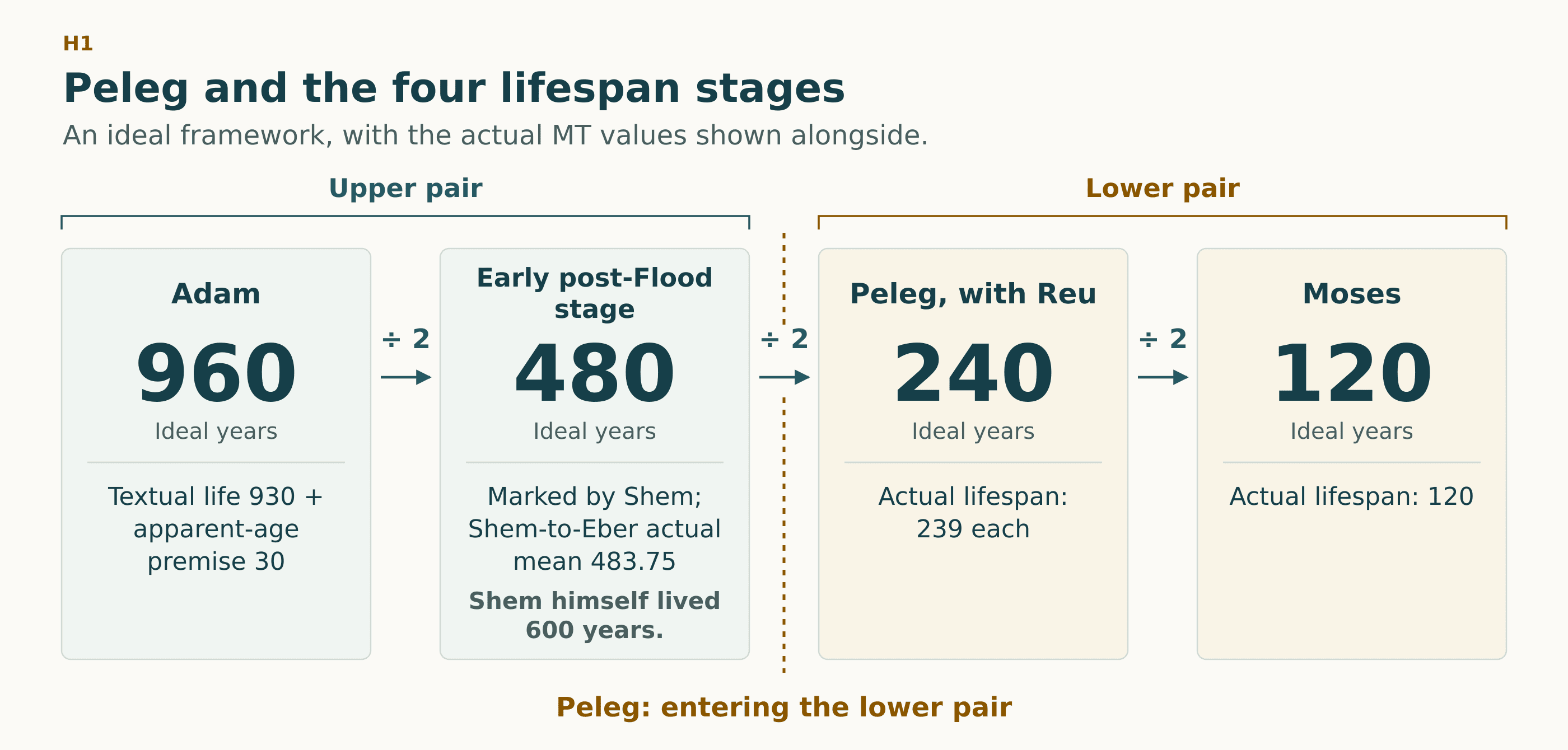 Four ideal lifespan stages: 960, 480, 240, and 120 years, halving at each step. Peleg marks the transition from 480 to 240.