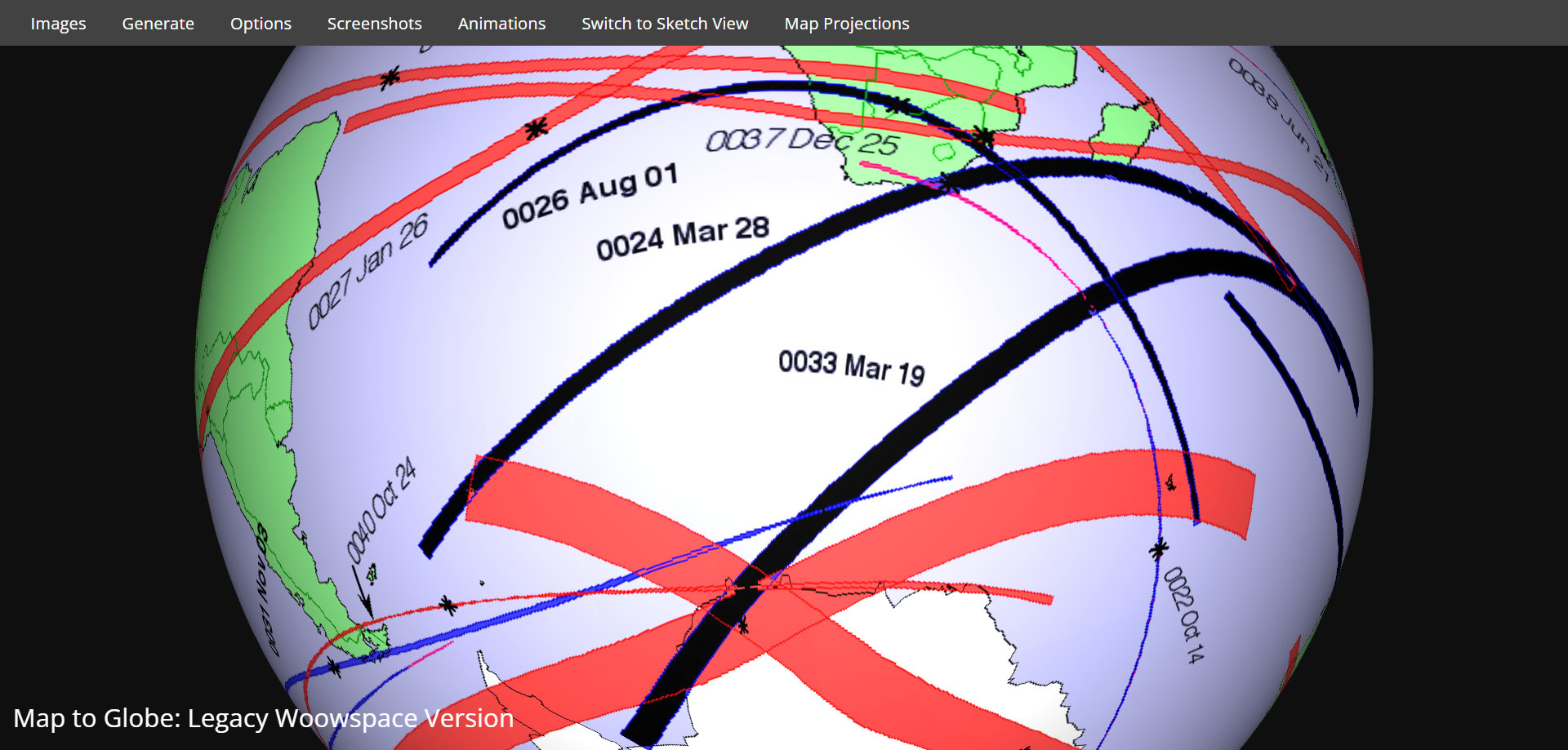 Original globe close view with intersecting eclipse paths, including the labeled AD 24, AD 26 and AD 33 tracks, used for the proposed Alpha shape.