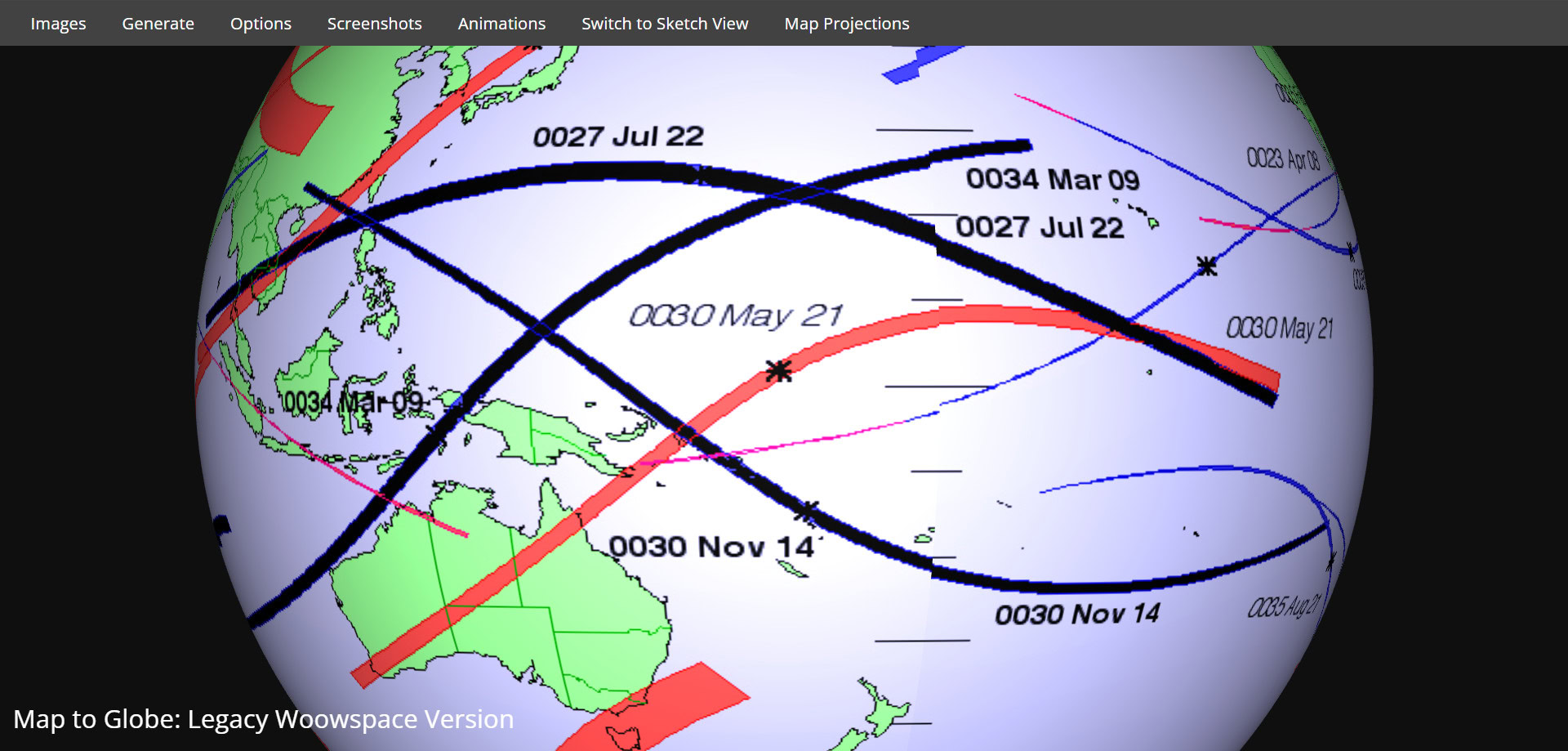 Original rotated globe close view over the western Pacific and Australia, with crossing AD 27, AD 30 and AD 34 eclipse paths and additional context paths.