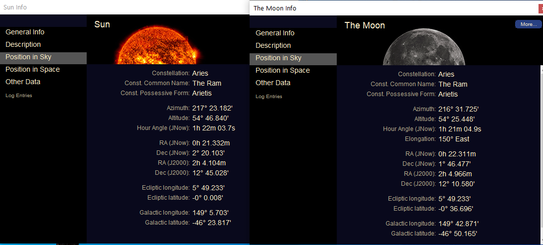 Original software Sun and Moon information panels for the AD 24 opening eclipse, both identifying Aries as their constellation.