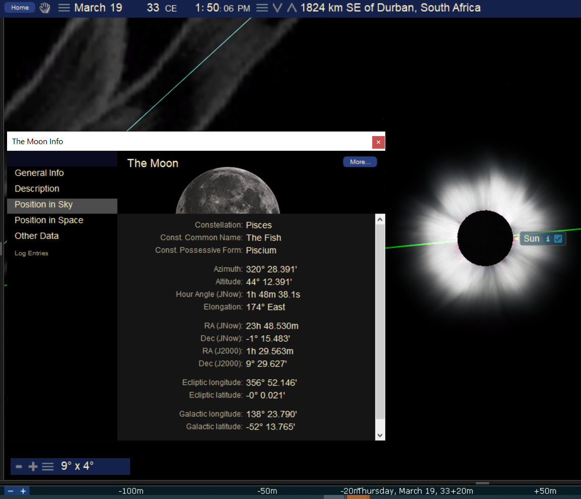 Original March19 AD33 total solar eclipse simulation from a location southeast of Durban, with the Moon in Pisces and a rendered solar corona.