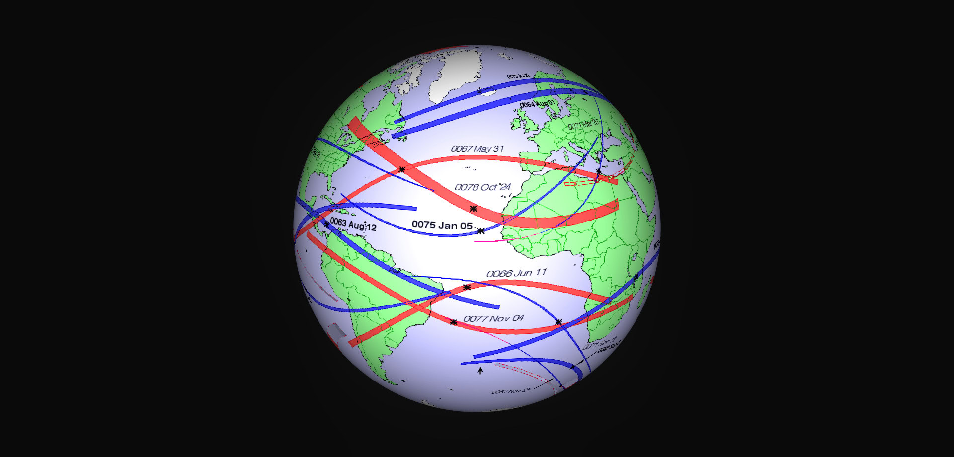 Supplied globe centered on the Atlantic, with four red eclipse bands dated AD 66, 67, 77 and 78 suggesting two paired outlines. Other blue dated eclipse paths remain.