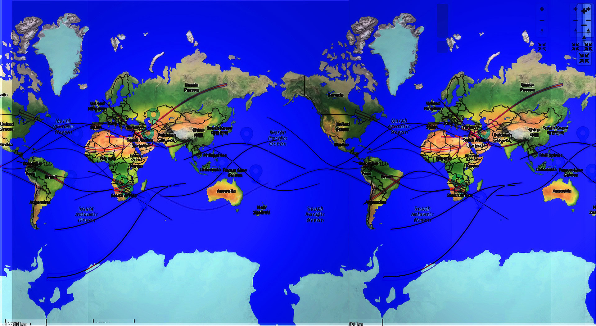 Supplied older composite of multiple eclipse paths on a repeated world map, illustrating the author’s proposed larger arrangement. Individual paths have no visible date labels.