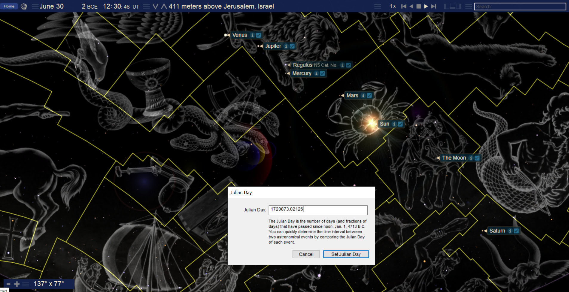 Supplied June 30 2 BC sky reconstruction with the Sun, Moon and five classical planets in one field. Daylight and the horizon are suppressed, and constellation artwork and the original software controls remain visible.