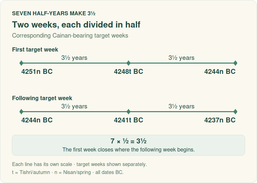 The first target week extends from 4251 Nisan BC through its midpoint at 4248 Tishri BC to 4244 Nisan BC. The following week extends from 4244 Nisan BC through 4241 Tishri BC to 4237 Nisan BC. Each midpoint divides seven years into 3.5 and 3.5.