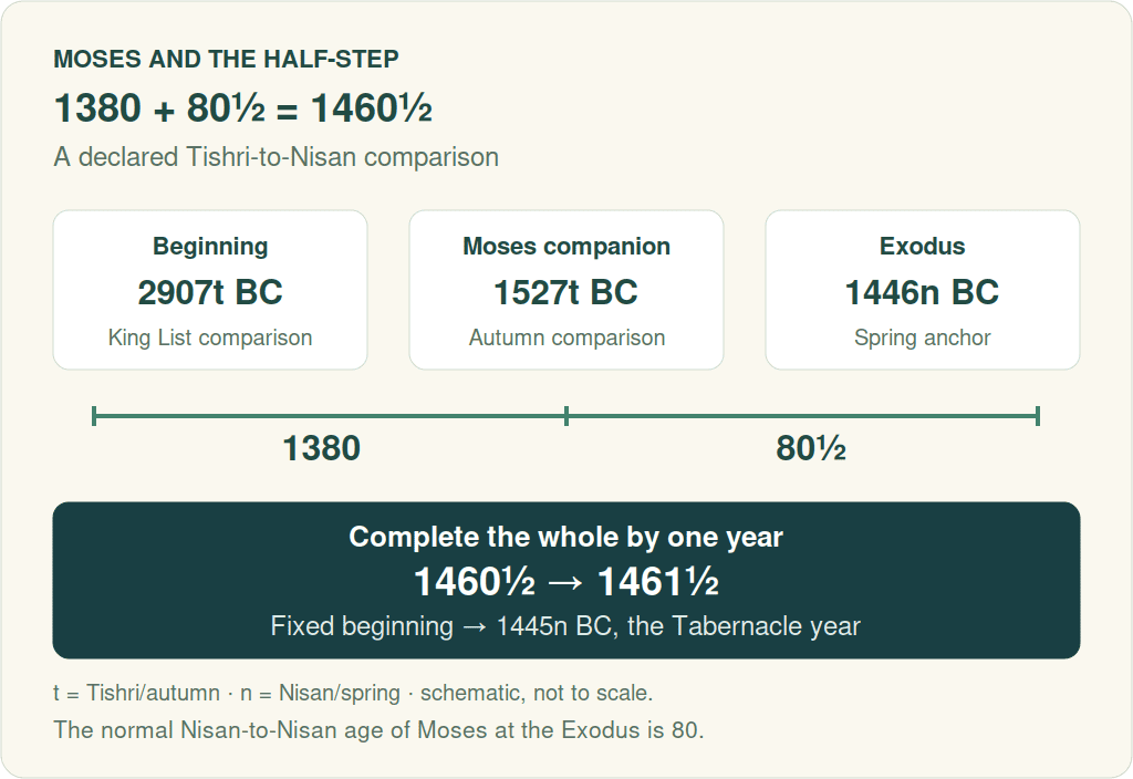 In a phase comparison, 2907 Tishri BC to Moses' companion birth position at 1527 Tishri BC spans 1380; continuing to 1446 Nisan BC adds 80.5. Together they give 1460.5. Completing the whole to 1461.5 reaches 1445 Nisan BC.
